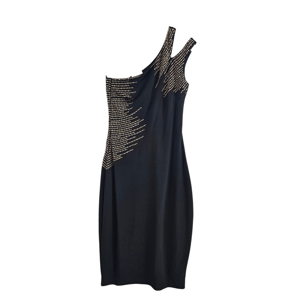 Cache Mini Dress Womens 0 Black Solid Studded One Shoulder Bodycon Asymmetrical